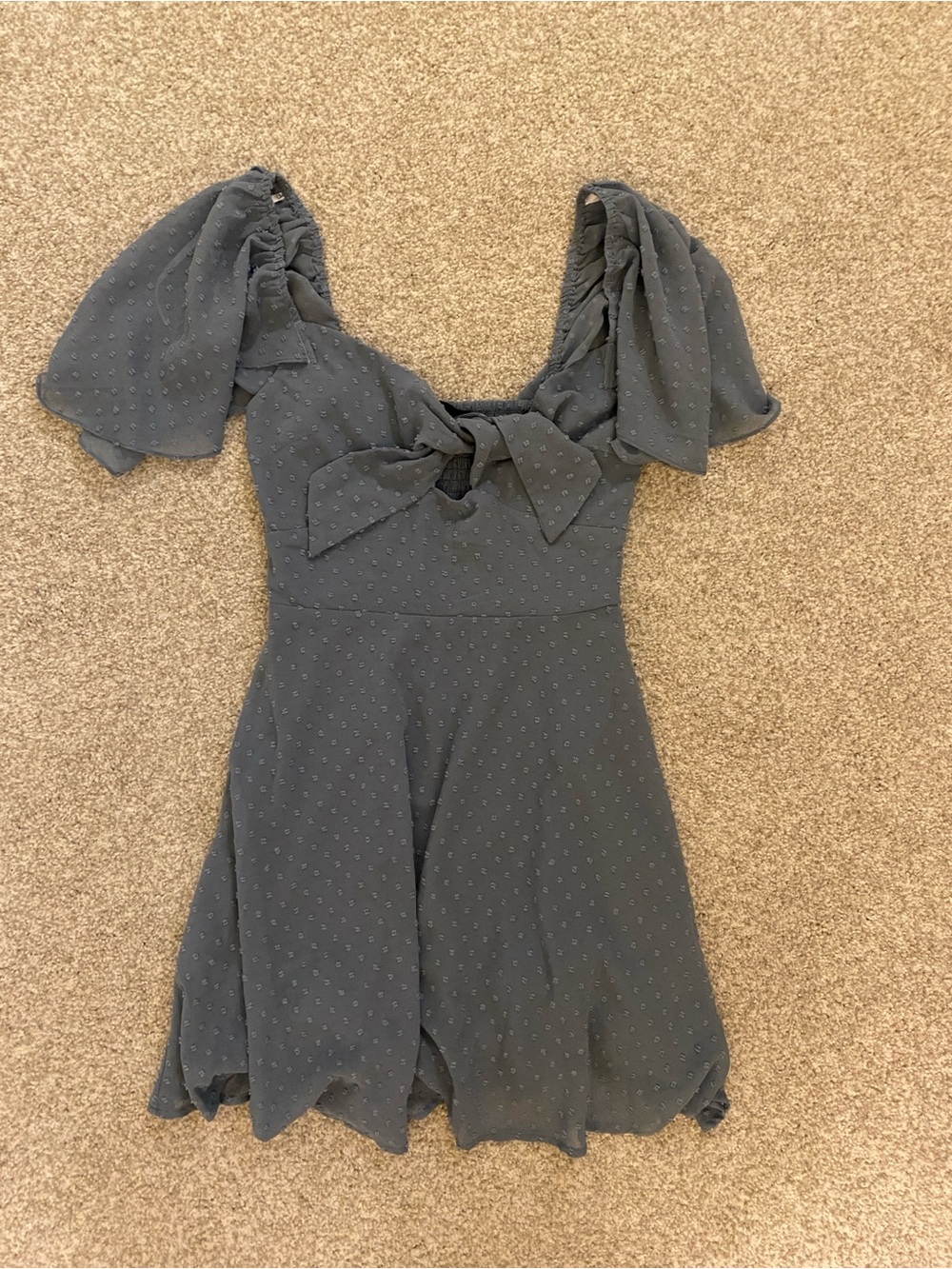 Blue Swiss Dot Tie-Front Mini Dress Flutter Sleeve